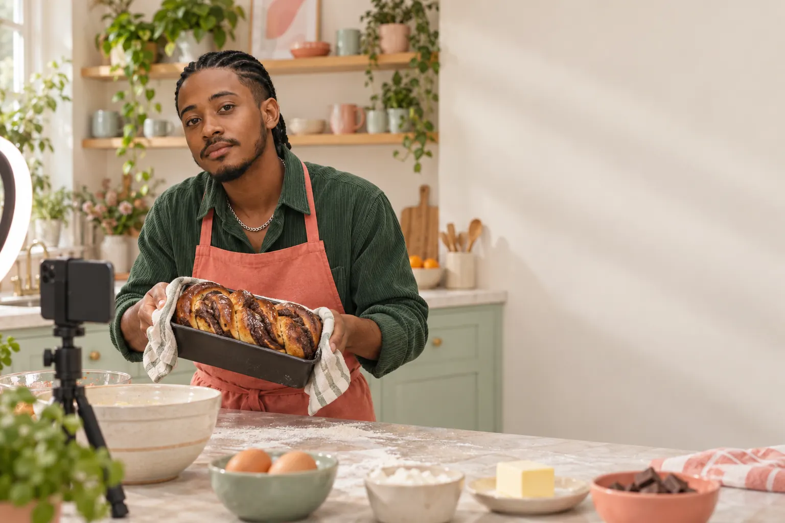 A baker films his chocolate babka in his kitchen