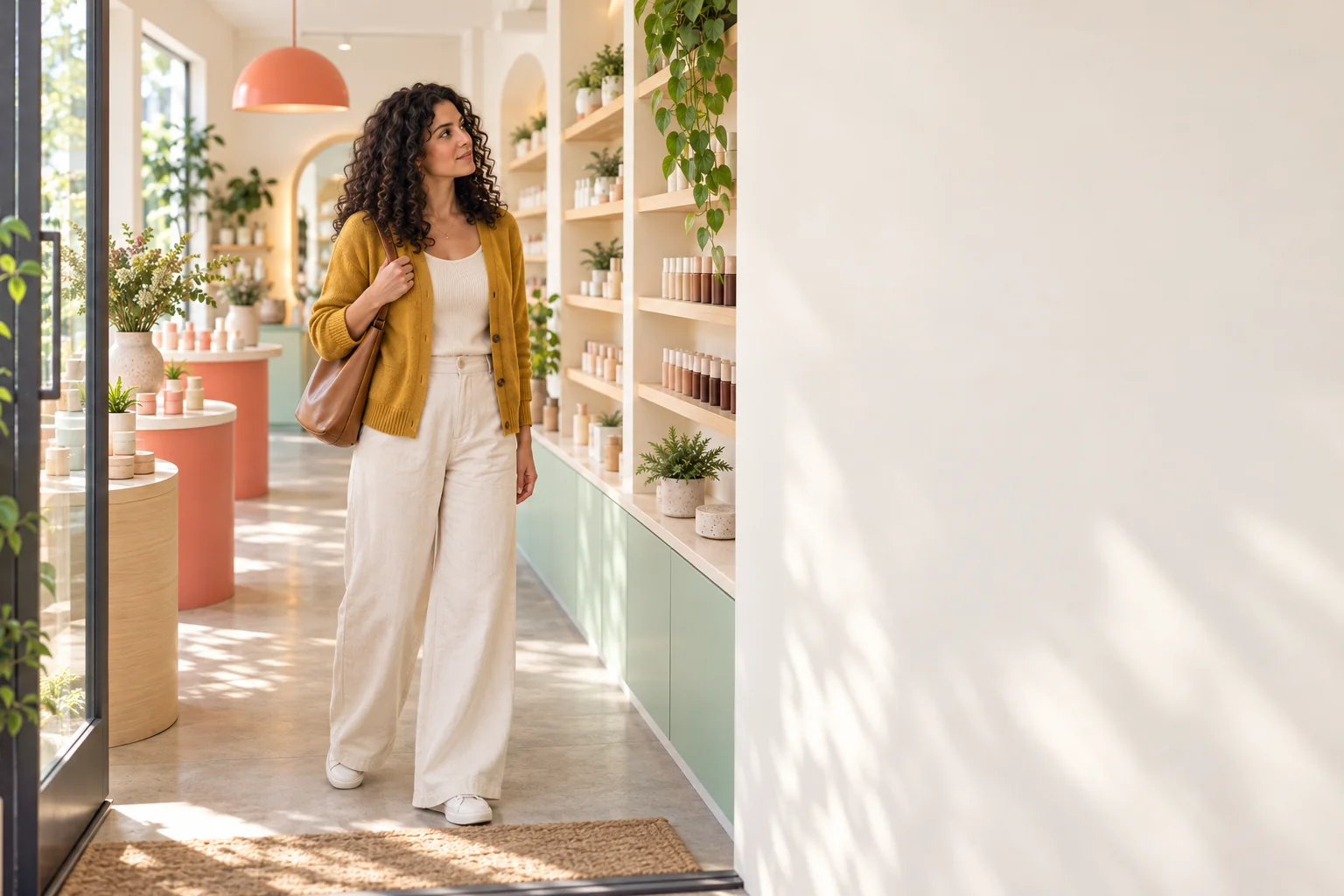 A shopper walks into a bright beauty store