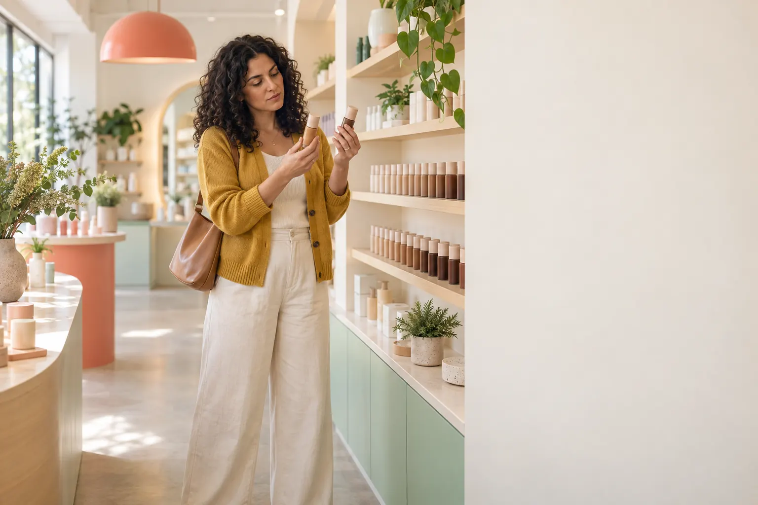 A shopper compares foundation shades in a beauty store