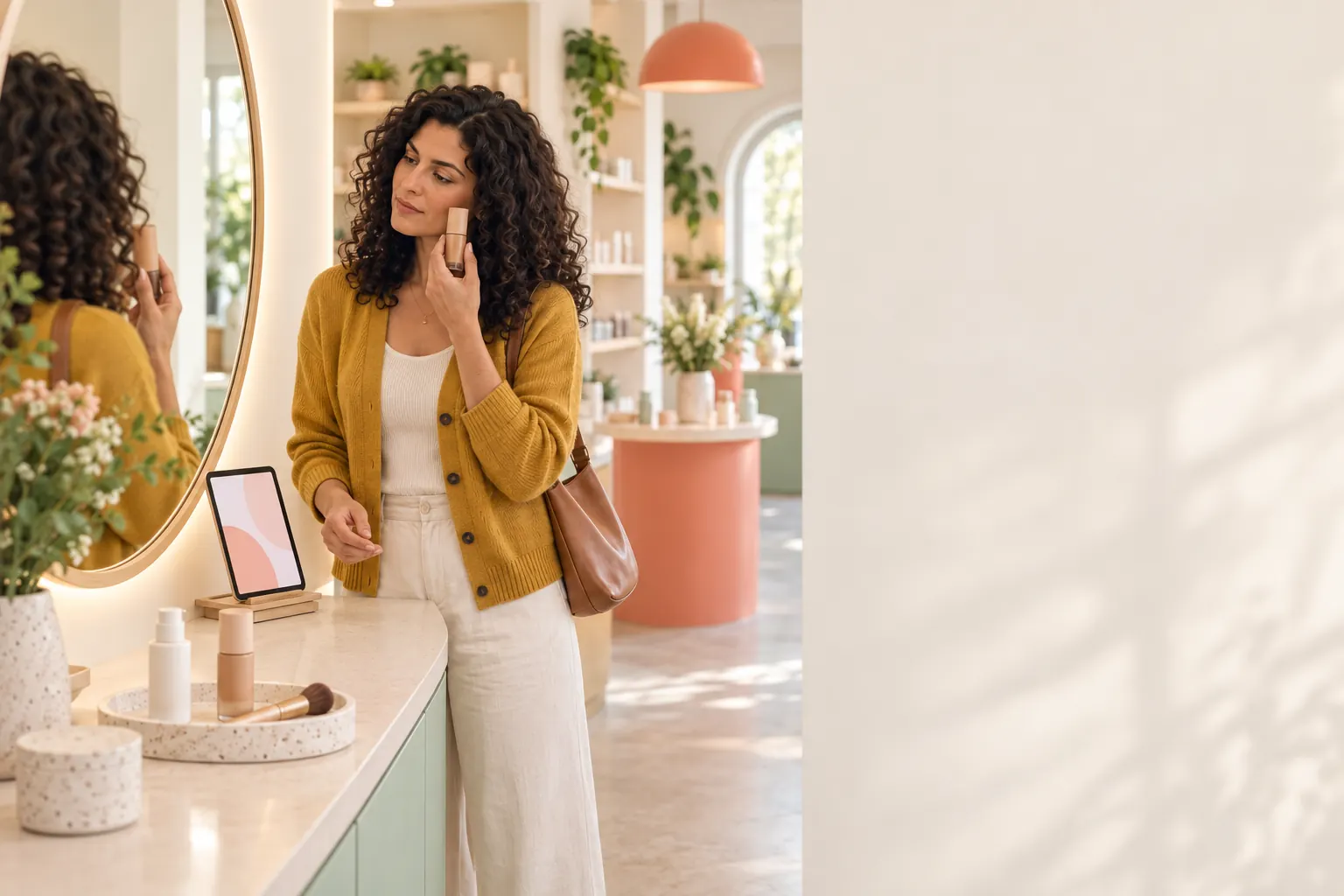 A shopper tries a shade at the mirror