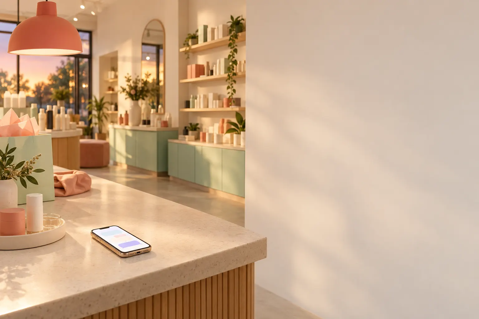 A phone on the store counter in the evening