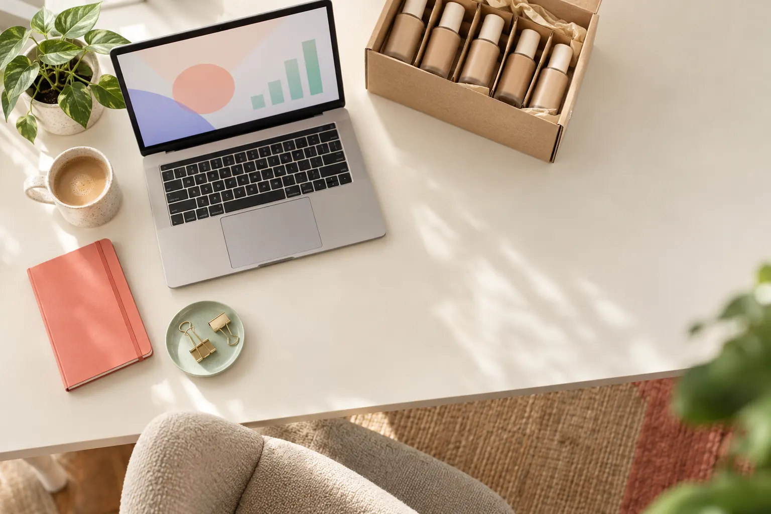 A laptop with a sales chart on a desk