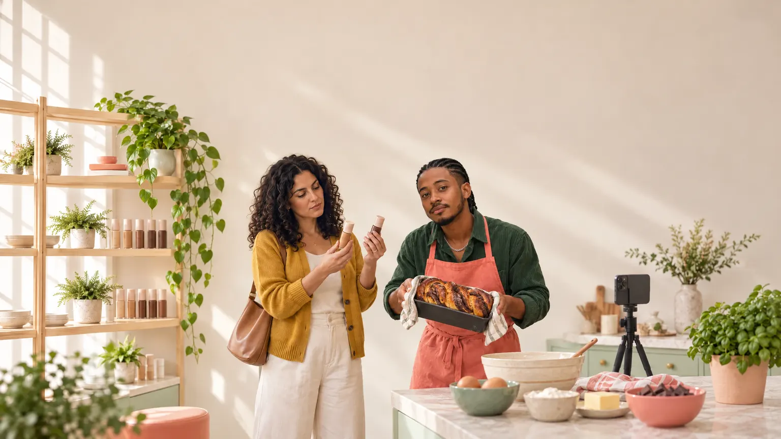 A shopper comparing foundations next to a baker holding a babka